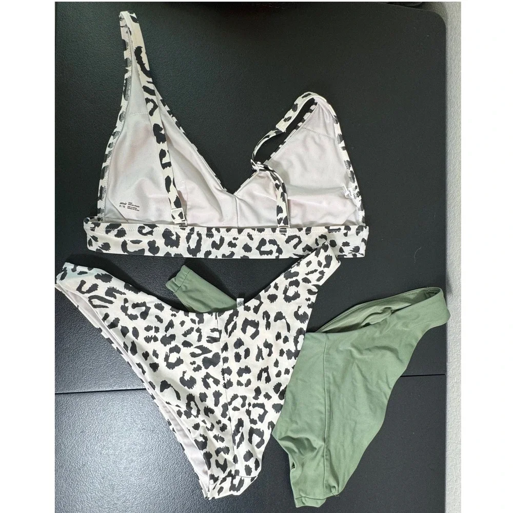 Aerie Leopard Print Bikini Swimsuit Scoop Neck Top & High Cut Bottoms XL 3 pcs‎